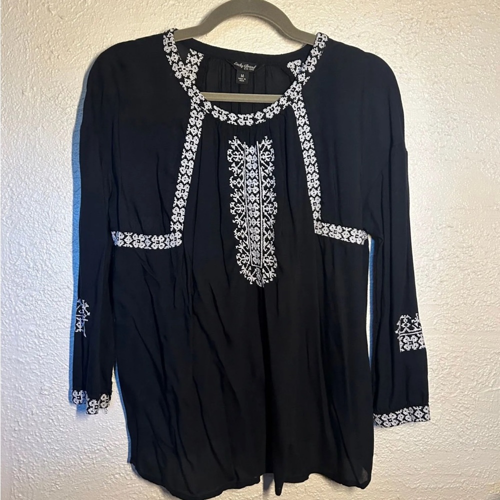 Lucky Brand Black Top with White Embroidery